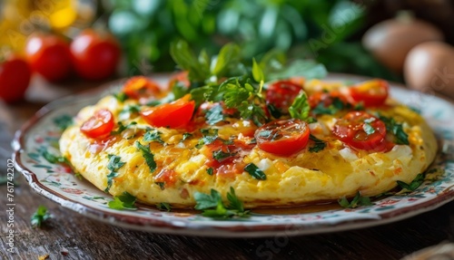  a plate topped with an omelet covered in cheese and veggies on top of a wooden table.