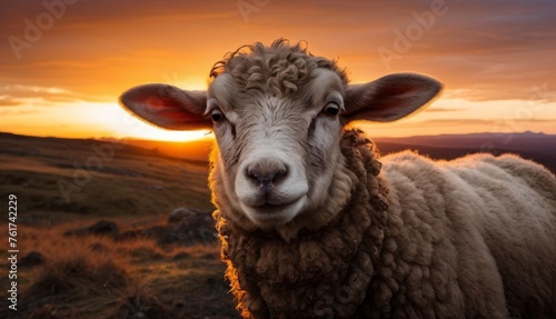  a close up of a sheep looking at the camera with the sun setting in the back ground behind the sheep.