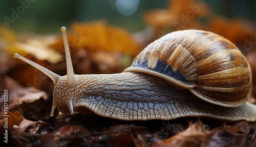  a close up of a snail on the ground with leaves in the foreground and a blurry background in the background. © Jevjenijs