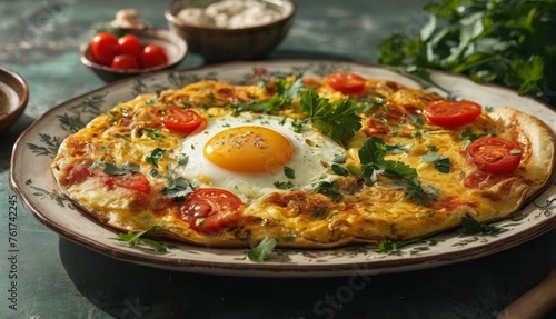  a plate with a pizza topped with an egg on top of it next to a bowl of tomatoes and other ingredients.