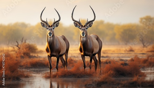  a couple of antelope standing next to each other on a dry grass field next to a body of water.