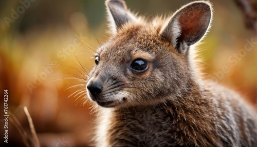  a close up of a small kangaroo looking at the camera with a blurry background of grass and bushes in the foreground. © Jevjenijs