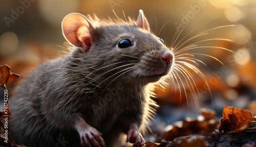  a close up of a rat in a field of leaves with a bright light shining on it's face. © Jevjenijs