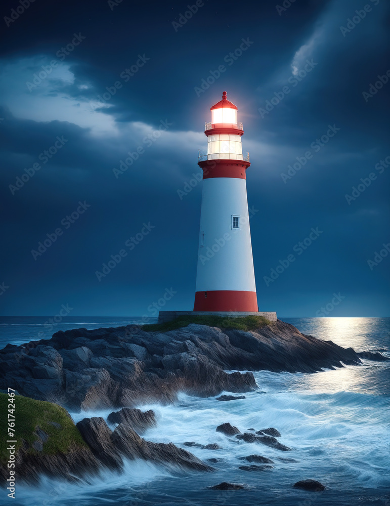Obraz premium A lighthouse on the seashore shines at night