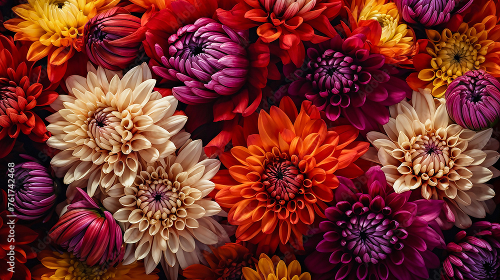 Colorful assorted chrysanthemum flowers. Rich colors, surrealism, autumn background banner. A variety of different colored chrysanthemum flowers. Full frame.