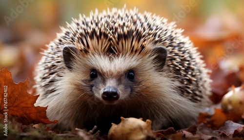  a close up of a hedgehog in a pile of leaves with a leaf on the ground in front of it.