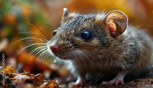  a close up of a small rodent on the ground with leaves in the foreground and a blurry background.