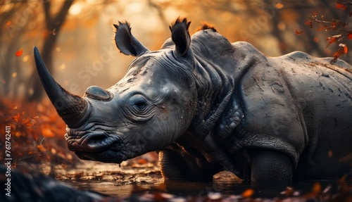  a rhinoceros is standing in the water in a wooded area with leaves on the ground and trees in the background.