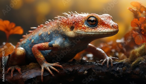  a close up of a lizard on a tree branch with orange flowers in the foreground and a blurry background.