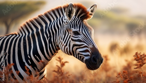  a close up of a zebra in a field of tall grass with trees in the back ground and trees in the background. © Jevjenijs