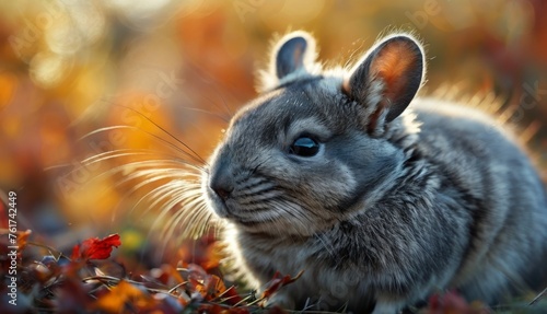  a close up of a small animal in a field of grass and flowers with a blurry background of leaves.