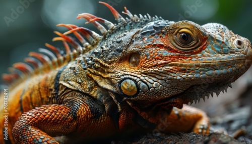  a close up of an iguana on a tree branch with a blurry back ground in the background.