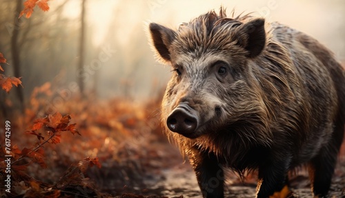  a wild boar walking through a forest with autumn leaves on the ground and a foggy sky in the background.