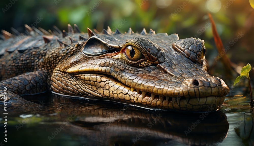  a close up of an alligator's head in a body of water with grass and plants in the background.