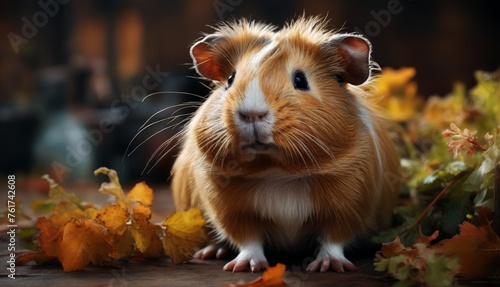 a brown and white hamster sitting on top of a wooden floor next to a pile of leaves and flowers.