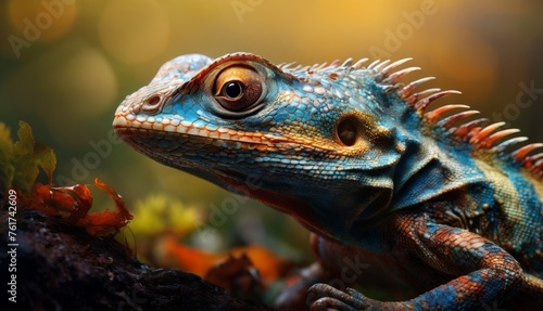  a close up of an iguana on a branch with leaves in the foreground and a blurry background. © Jevjenijs
