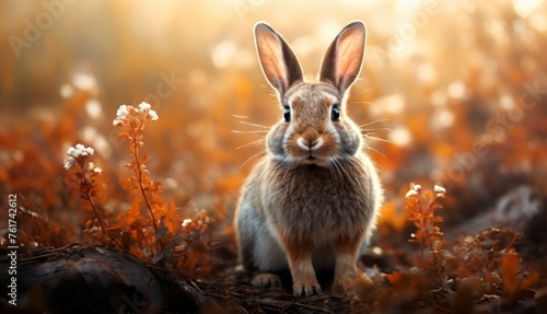  a close up of a rabbit in a field of grass and flowers with the sun shining through the trees behind it.