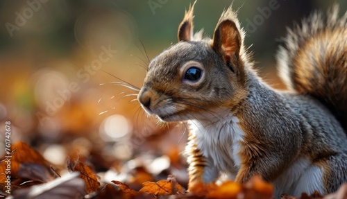  a close up of a squirrel in a field of leaves with a blurry background of trees and bushes in the background.