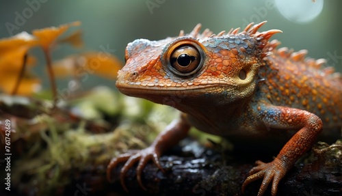  a close up of a lizard on a tree branch with moss and leaves in the foreground and a blurry background.