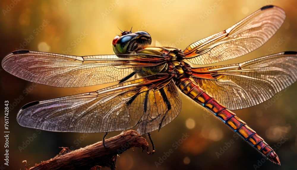 a close up of a dragonfly on a branch with a background of blurry leaves and a blurry sky. a close up of a dragonfly on a branch with a background of blurry leaves and a blurry sky.