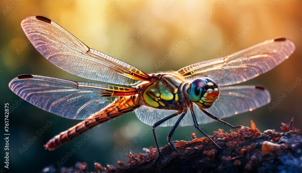  a close up of a dragonfly sitting on a piece of wood with sunlight shining on it's wings. - obrazy, fototapety, plakaty 
