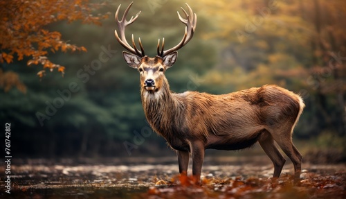  a deer standing in the middle of a forest with lots of leaves on the ground and trees in the background.