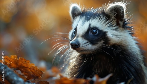 a close up of a raccoon in a field of leaves with the sun shining on it's face.