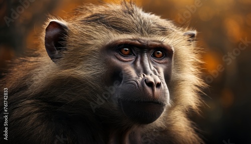  a close up of a monkey's face with a blurry background of trees in the foreground and a blurry background of leaves in the foreground. © Jevjenijs