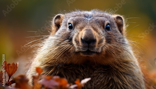  a close up of a groundhog with leaves in the foreground and a blurry background in the background.
