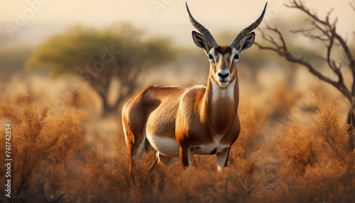  an antelope standing in the middle of a field of tall brown grass with trees and bushes in the background.