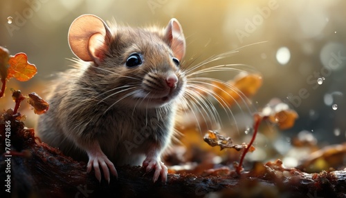  a brown rat sitting on top of a leaf covered forest floor next to a leaf covered forest floor with drops of water on it. © Jevjenijs