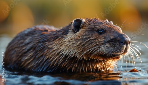  a close up of a beaver in a body of water with it's head above the water's surface.