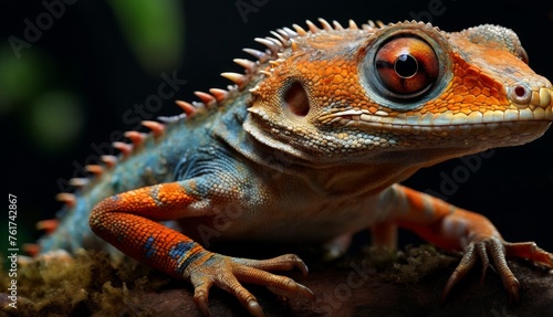  a close up of a lizard with an orange and blue color on it s face and a black background.