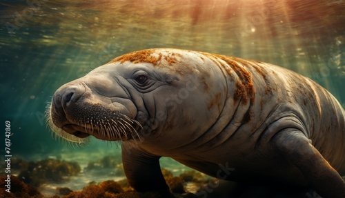  a close up of a seal in a body of water with sunlight shining through the water and on the ground. © Jevjenijs