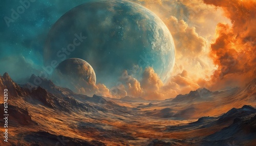  an artist's rendering of a planet in the distance with mountains in the foreground and clouds in the background.