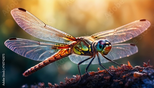  a close up of a dragonfly sitting on a piece of wood with sunlight shining on it's wings.