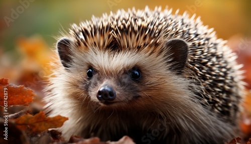  a close up of a hedgehog with leaves in the foreground and a blurry background in the background.