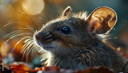  a close up of a small rodent in a field of leaves with the sun shining on it's face.