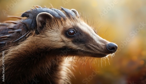  a close up of a small animal with a lot of hair on it s head and a leather jacket on it s back.