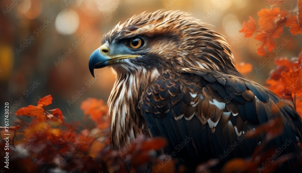 a close up of a bird of prey in a field of leaves and flowers with a blurry background of trees and leaves. a close up of a bird of prey in a field of leaves and flowers with a blurry background of trees and leaves.