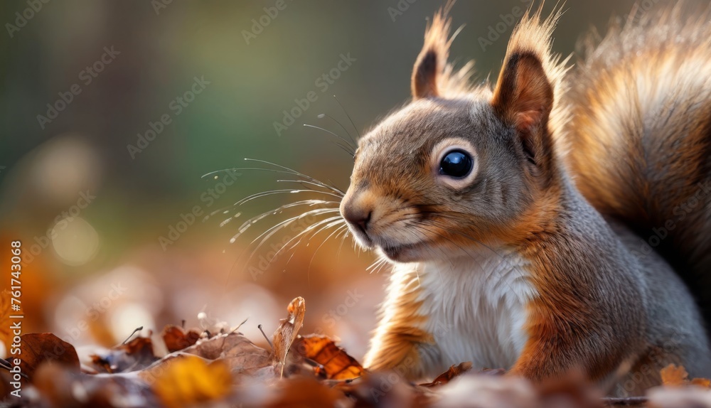a close up of a squirrel on the ground with leaves in the foreground and a blurry background of leaves in the foreground. a close up of a squirrel on the ground with leaves in the foreground and a blurry background of leaves in the foreground.