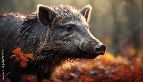  a wild boar standing in the middle of a forest with autumn leaves on the ground and trees in the background.