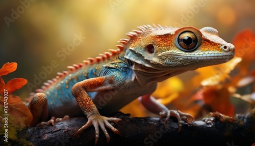 a close up of a lizard on a tree branch with leaves in the foreground and a blurry background. © Jevjenijs
