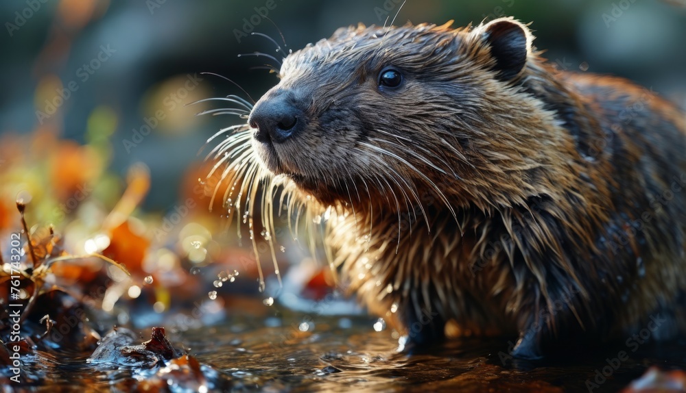a close up of a wet animal in a body of water with leaves on the ground and water droplets on its face. a close up of a wet animal in a body of water with leaves on the ground and water droplets on its face.