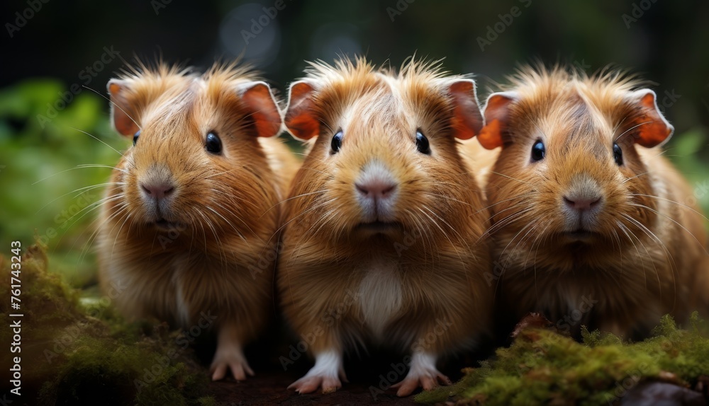  a group of three brown hamsters sitting next to each other on top of a green patch of grass with trees in the background.