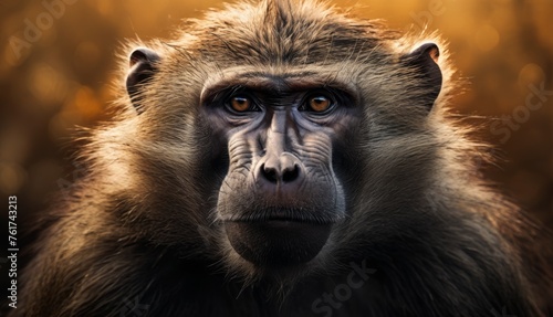  a close - up of a monkey's face with a blurry background of trees in the foreground. © Jevjenijs
