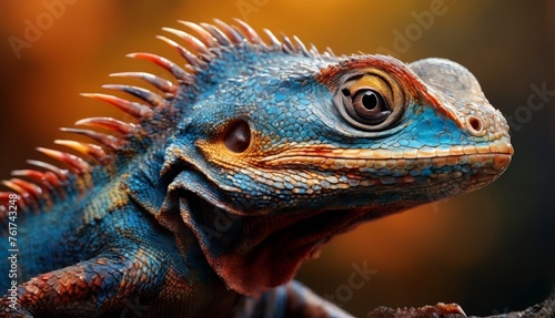  a close - up of a lizard's face with a blurry background of leaves and branches in the foreground. © Jevjenijs