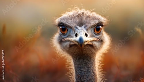  a close - up of an ostrich's head with a blurry background of grass and bushes.