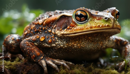  a close up of a frog sitting on top of a moss covered ground and looking at the camera with a blurry background. photo