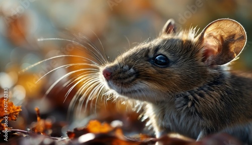  a close up of a small rodent in a field with leaves on the ground and a blurry background.